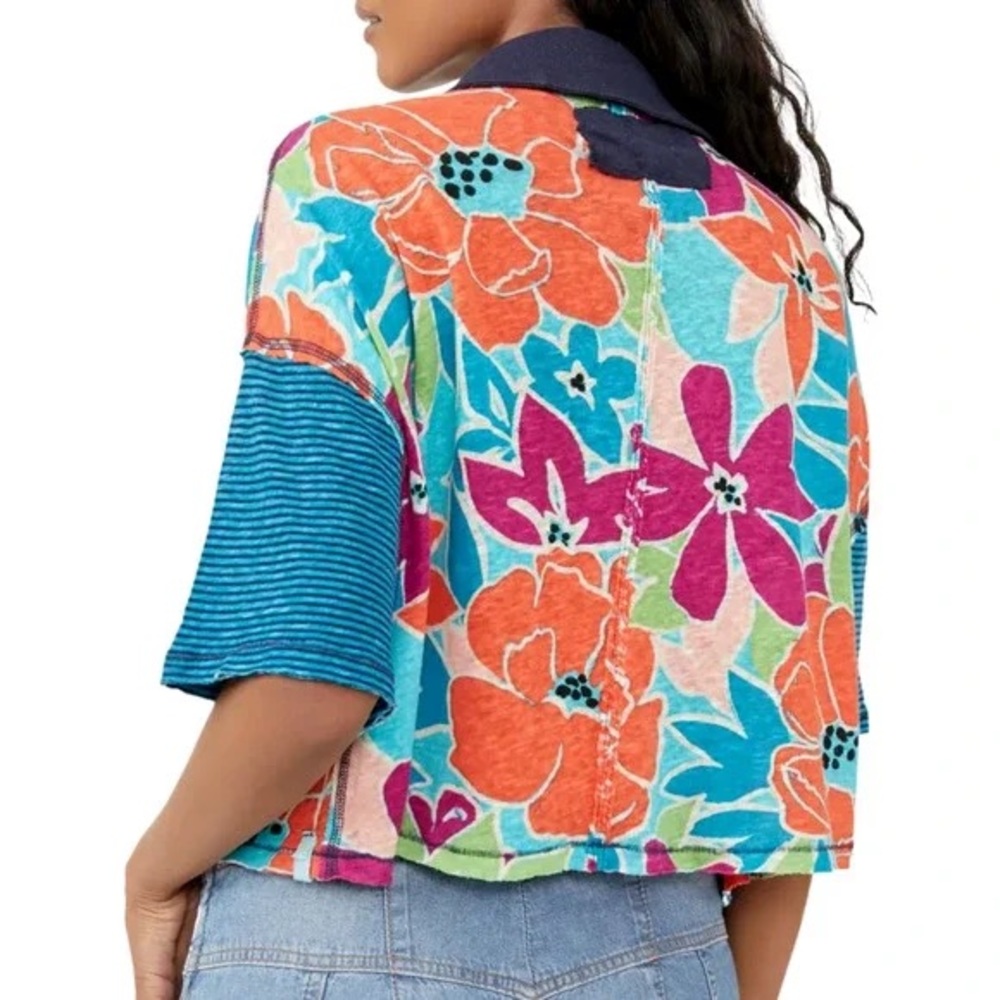 NWT Free People Floral Striped Collared On A Boat Boxy Crop Polo Shirt - Picture 3 of 9